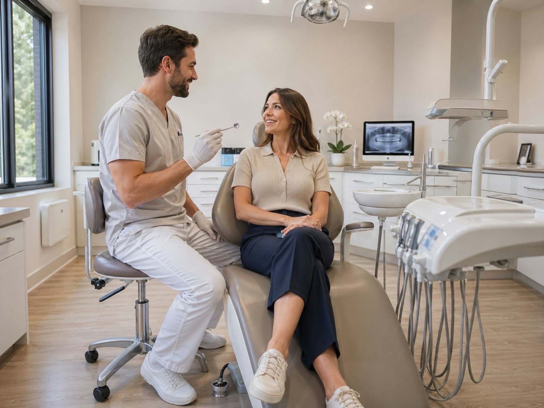 Medic stomatolog discutând cu o pacientă într-un cabinet luminos